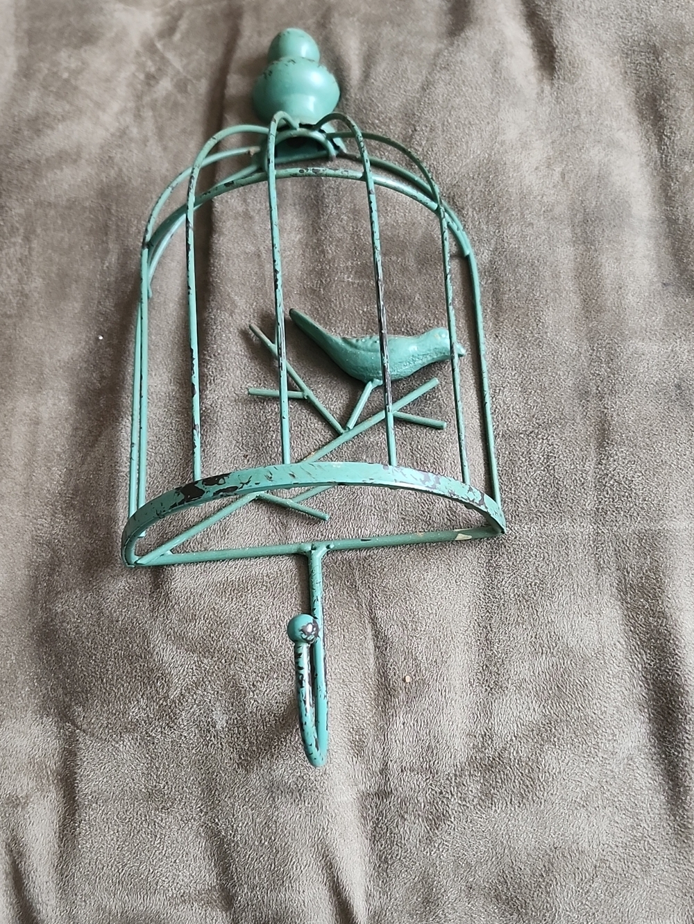Turquoise Metal Bird Cage Wall Hook - Decorative Bird Accent